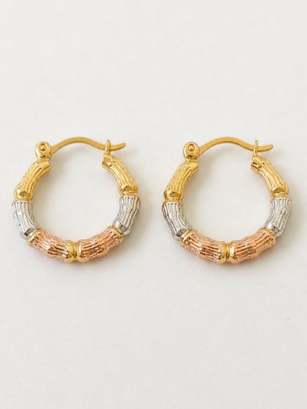 Genuine VTG Rare 1980's Solid 10K Tri-Color Gold Bamboo Hoop Earrings 12mm